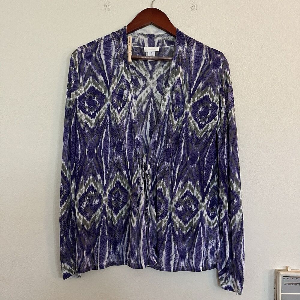 Chico's Linen Blend Ikat Purple Lightweight Tie Long Sleeve Cardigan SZ 1 S